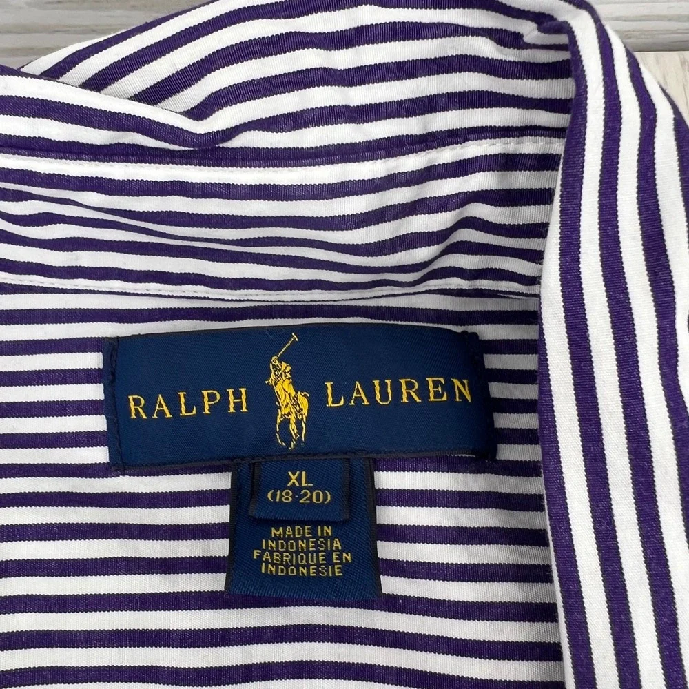 Ralph Lauren Boys XL 18-20 Navy White Striped Button Down Shirt Long Sleeve Pony